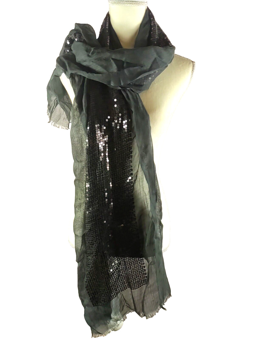 Scarf Rectangle 35" X 21" Black Sequins Sheer Fringe